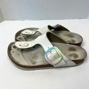 Birkenstock Gizeh White Leather Thong Sandals EU 40 US 9-9.5 Rainbow Buckle